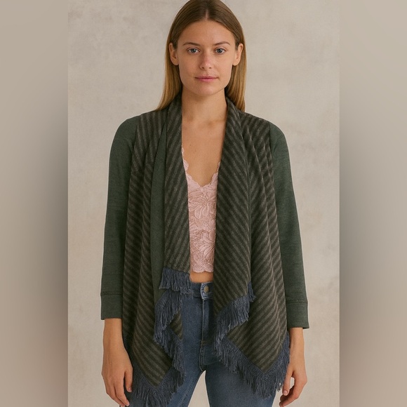 Anthropologie Boho Chic Green & Gray Striped Fringe Open Front Cardigan Sweater - Picture 1 of 7